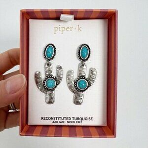 New Southwest Turquoise Saguaro Desert Cactus Drop Dangle Earrings Silver Tone